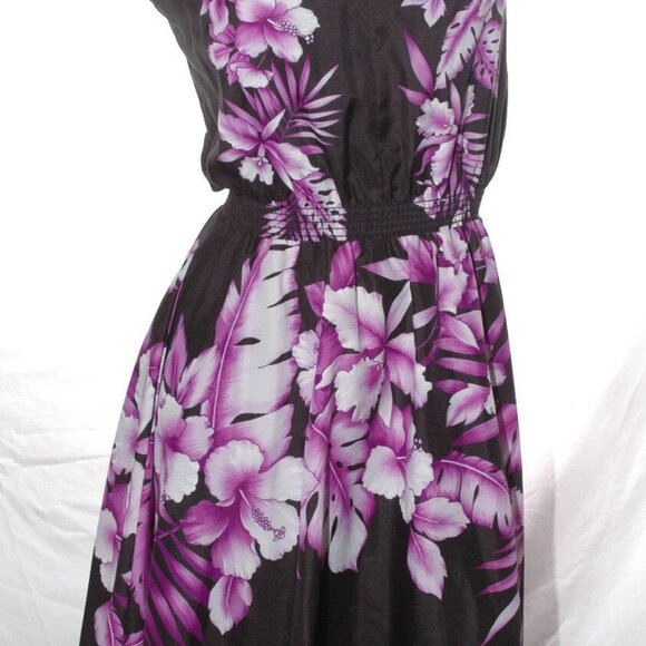 HAWAIIAN DRESS Aloha Black w/ Purple Hibiscus Floral Orchid Hawaii Summer Sun S - Picture 3 of 7